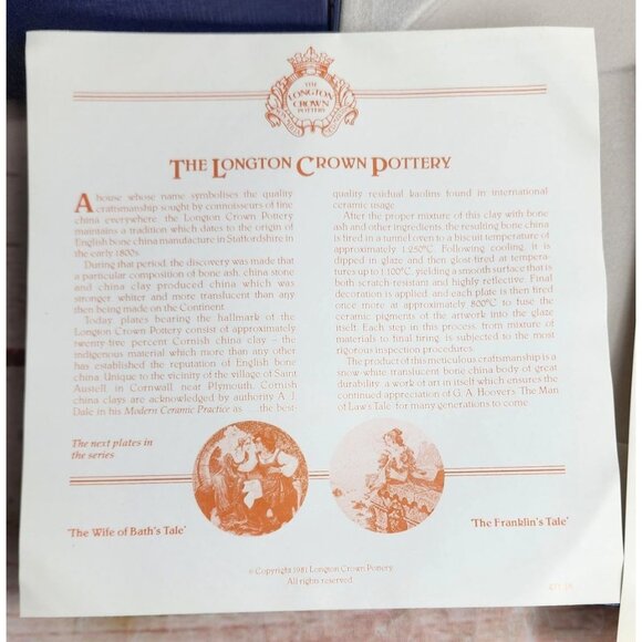 Longton Crown Pottery “The Man of Laws Tale” Collectors Plate – Genuine Baronet - Picture 10 of 13